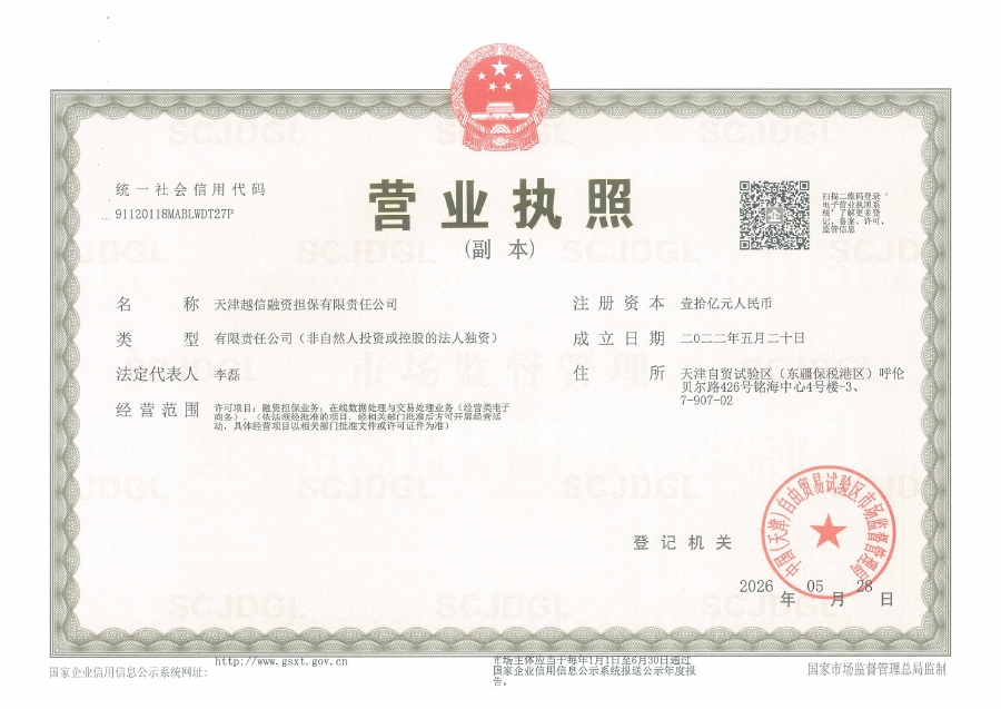天津越信融资担保有限责任公司营业执照